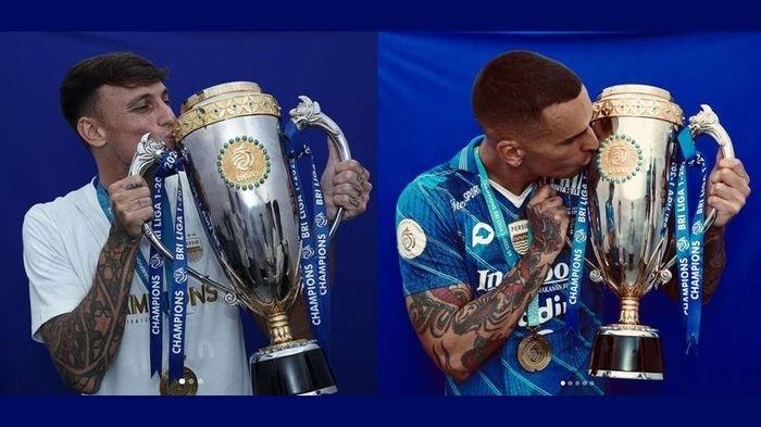 Pemain Persib Bandung Stefano Beltrame dan Alberto Rodriguez mencium trofi juara Liga 1 musim 2023-2024.