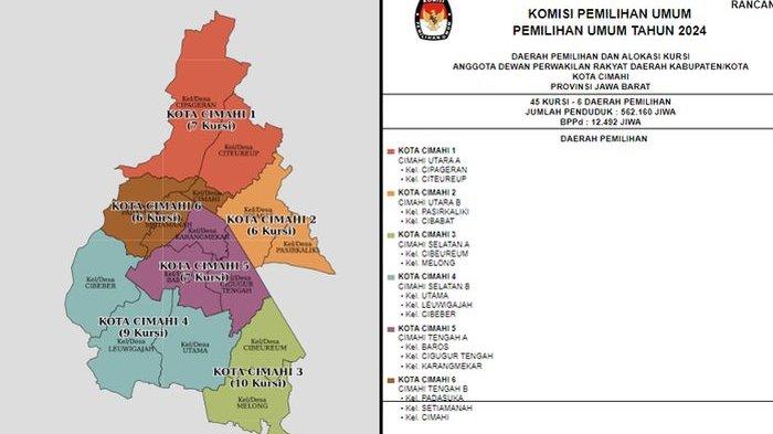 Peta dapil di Kota Cimahi pada pemilu 2024 dengan alokasi kursi di DPRD Kota Cimahi.