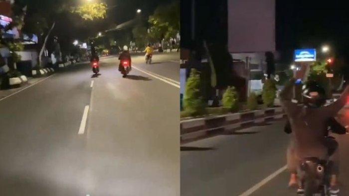Aksi pengendara sepeda motor di Sragen yang berkendara ugal-ugalan sambil lawan arus di Jalan Raya Sukowati.