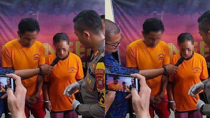 BA (46) dan AF (45) saat konferensi pers di Mapolres Kubu Raya. BA merudapaksa anaknya sendiri hingga dua kali hamil dan AF, istrinya, justru membantu menggugurkan kandungan anaknya.