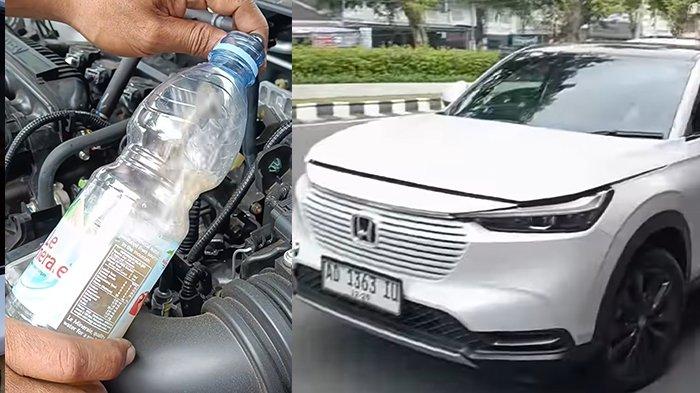 BBM TERCAMPUR AIR - Kolase seorang pria menunjukkan botol berisi BBM tercampur air dan mobil Honda HRV milik warga Palur yang mogok karenanya, Jumat (7/3/2025). Sebelumnya, viral di media sosial seorang warga yang mobilnya mogok setelah isi BBM di SPBU Pucangsawit, Solo, setelah diperiksa BBM itu ternyata tercampur air.