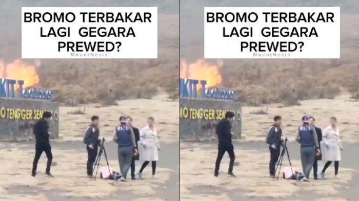 Enam pengunjung di kawasan Gunung Bromo, Jawa Timur, masih santai gelar prewedding meski api berkobar di belakang mereka, akibat nyala flare, 2023.