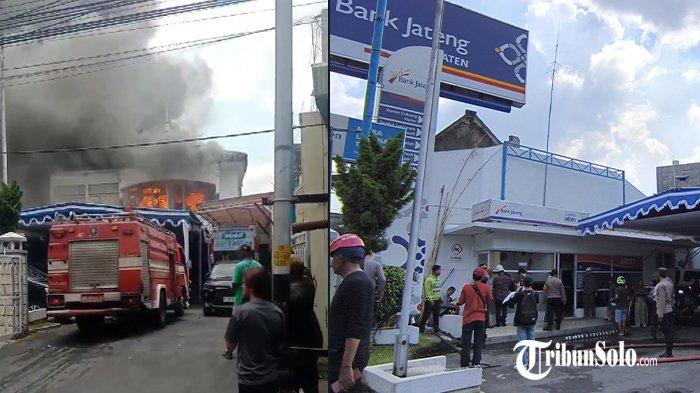 KEBAKARAN BANK JATENG. Gedung bank Jateng di Jalan Pemuda, Kabupaten Klaten, yang terbakar, Minggu (2/3/2025). Nampak kepulan asap sesekali mengepul keluar dari lantai atas.