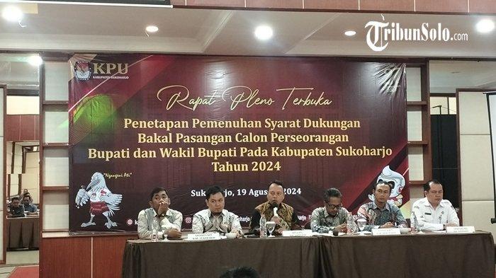 KPU Sukoharjo menetapkan keputusan terkait pasangan calon independen dalam rapat pleno yang digelar di Hotel Tosan, Kecamatan Grogol, Kabupaten Sukoharjo, pada Senin (19/8/2024).