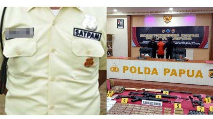 PENYELUNDUP SENJATA. Kolase ilustrasi satpam penyelundup senjata (Kiri) dan barang bukti senjata api yang diamankan di Polda Papua (Kanan). Sosok AP satpam di Sleman yang menjadi pemasok senjata KKB. (KOMPAS.COM/Roberthus Yewen dan Kristianto Purnomo)