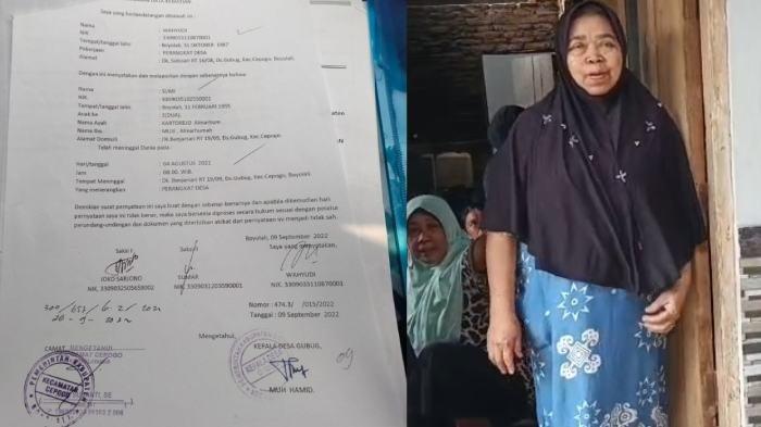 KOLASE FOTO. Nenek Sumi (70) warga Dukuh Banjarsari, Desa Gubug, Kecamatan Cepogo, Boyolali, saat rewang, Jumat (27/6/2025). Foto Kiri: Surat kematian yang diterbitkan desa, Foto Kanan: Nenek Sumi yang beraktivitas.