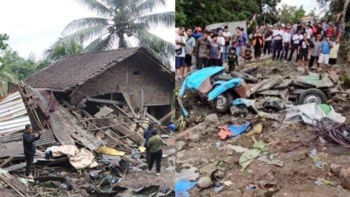 REMUK : Kolase Penampakan mobil angkot yang mengalami kecelakaan dengan truk dump pengangkut pasir dan rumah yang remuk dihantap truk di Jalan Provinsi Magelang–Purworejo, tepatnya di wilayah Desa Kalijambe, Kecamatan Bener, Kabupaten Purworejo, Jawa Tengah, pada Rabu (7/5/2025) sekitar pukul 11.00 WIB.