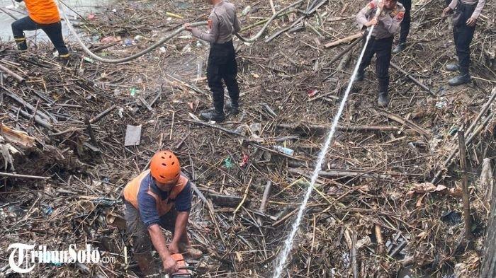 BERSIH-BERSIH SUNGAI : Pembersihan sampah Rumpun Bambu di Bendungan Bengawan Solo, khususnya di Dukuh Pilang, Desa Karangwuni, Kecamatan Weru, Kamis (30/1/2025). Kegiatan ini dilakukan sebagai langkah mencegah banjir susulan akibat tersumbatnya aliran sungai oleh sampah dan pring bambu.