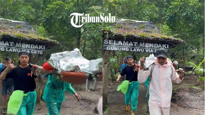 PENDAKI DIEVAKUASI. Seorang pendaki Gunung Lawu dievakuasi relawan ceto (Reco) Senin (12/5/2025). Anggota Relawan Ceto (RECO) Eko Supardi Marmora mengatakan korban bersama 3 orang rekan satu kelompok mendaki gunung Minggu (11/5/2025) pukul 09.00 WIB.