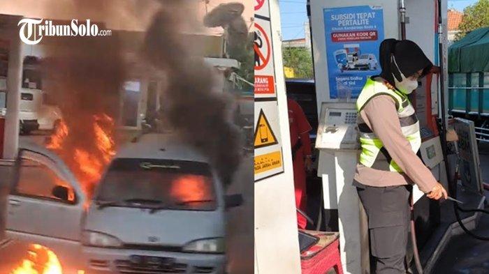 Polisi cek kondisi di dekat pompa pengisian BBM di SPBU Bejen, Kecamatan/Kabupaten Karanganyar, usai salah satu unit mobil Daihatsu Zebra Espass terbakar pada Sabtu (31/8/2024)