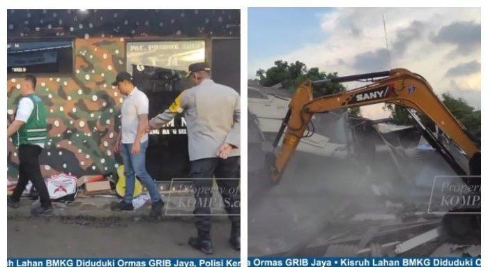 MARKAS GRIB DIROBOHKAN - Petugas gabungan dari Polda Metro Jaya hingga Satpol PP melakukan perobohan terhadap markas GRIB Jaya yang berdiri di atas tanah Badan Meteorologi, Klimatologi, dan Geofisika (BMKG) di kawasan Pondok Betung, Tangerang Selatan (Tangsel), Banten, Sabtu (24/5/2025) sore sekira pukul 17.00 WIB.