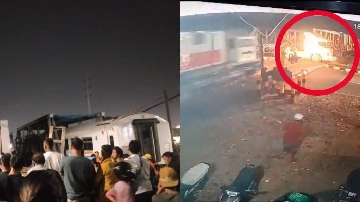 Proses evakuasi truk vs kereta api di Jalan Madukoro, Kota Semarang, Jawa Tengah, Selasa (18/7/2023) (kiri). Detik-detik KA Brantas 112 tabrak truk trailer yang mogok di lintasan kereta.