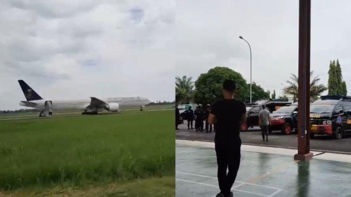 Pesawat penumpang Saudia Airlines SI-576 mendarat darurat di bandara Internasional Kualanamu, Selasa (17/6/2025) siang. Pihak keamanan masih memeriksa pesawat. (ISTIMEWA)