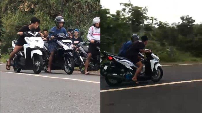 BALAP LIAR MAUT : Tangkapan layar video aksi balap liar di JLS Pracimantoro Wonogiri yang diunggah Minggu (2/2/2025) malam. Video tersebut menunjukkan aksi balap liar sepeda motor hingga berujung kecelakaan, terjadi pada Minggu (2/1/2025) sore.