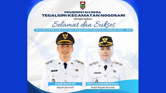 UCAPAN SELAMAT. Pemerintah Desa Tegalgiri Boyolali Ucapkan Selamat Pelantikan Bupati dan Wakil Bupati Boyolali. Pelantikan hari ini.