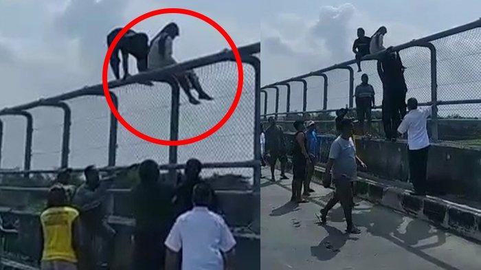 BERNIAT AKHIRI HIDUP - Warga sedang berusaha menyelamatkan seorang perempuan yang hendak melakukan percobaan bunuh diri di jembatan flyover Desa Bandung, Kecamatan Ngrampal, Kabupaten Sragen, Rabu (28/5/2025). Awalnya, perempuan tersebut nampak terdiam diatas pagar pembatas jembatan. Lalu, datang warga yang berusaha untuk meraih perempuan tersebut agar tidak melanjutkan niatnya untuk mengakhiri hidup.