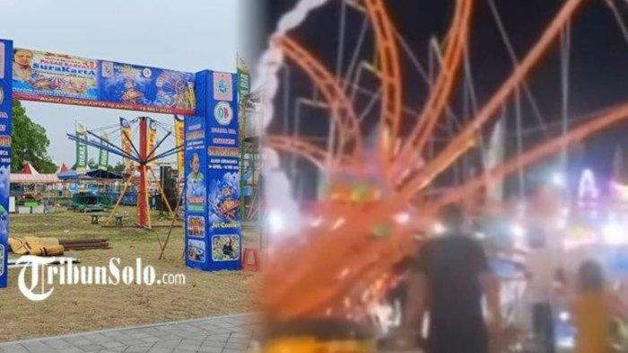 AMBRUK - Sebuah wahana ayunan putar ambruk di pasar malam Alun-Alun Kidul Solo, Sabtu (26/4/2025). Setelah itu, wahana ini pun segera dibongkar dan batal dioperasikan.