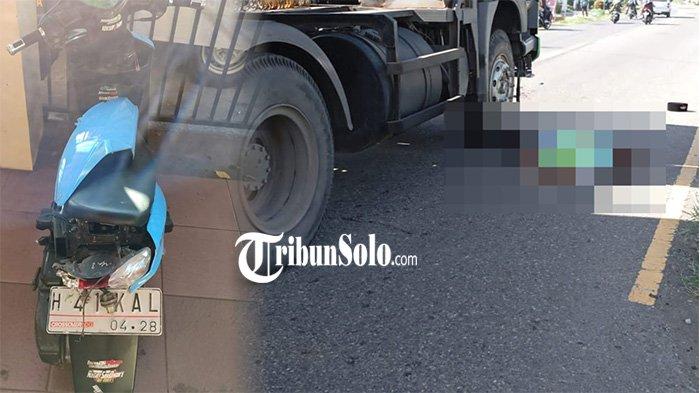 TERTABRAK TRUK. Kolase motor yang terlibat kecelakaan (Kiri) dengan Supeltas yang tertabrak truk di Jalan Solo-Sragen, Kecamatan Kebakkramat, Kabupaten Karanganyar, Selasa (22/4/2025). Terjadi dua peristiwa kecelakaan di lokasi dan waktu yang sama