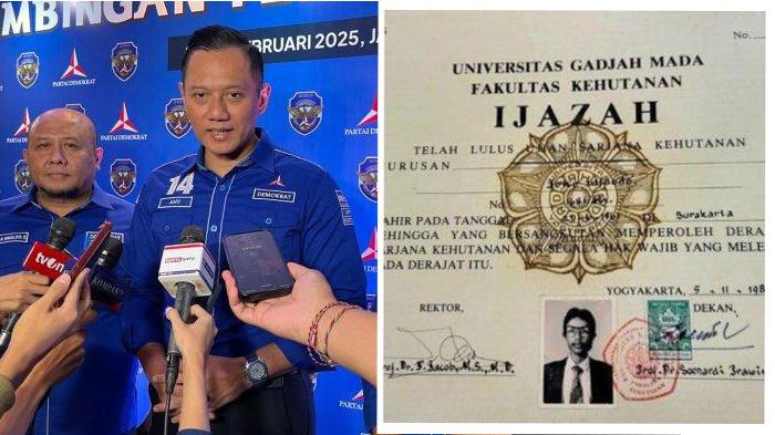 TEKA-TEKI PARTAI BIRU. Kolase Ketua Umum Partai Demokrat Agus Harimurti Yudhoyono (kiri) dengan potret ijazah Jokowi yang beredar di media sosial. Partai Demokrat bantah keterlibatannya dalam kasus dugaan ijazah palsu.