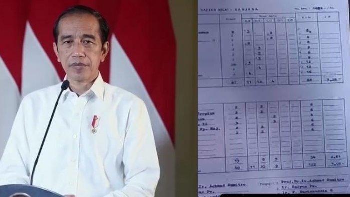 POLEMIK IJAZAH JOKOWI - Jokowi (KIRI) saat memberikan keterangan terkait hilang kontaknya KRI Nanggala-402, (22/4/2021). Foto transkrip nilai atau IPK Jokowi (KANAN) yang ditampilkan saat konferensi pers hasil uji laboratorium forensik (labfor) Bareskrim Polri di Gedung Bareskrim Polri, Jakarta, Kamis (22/5/2025).