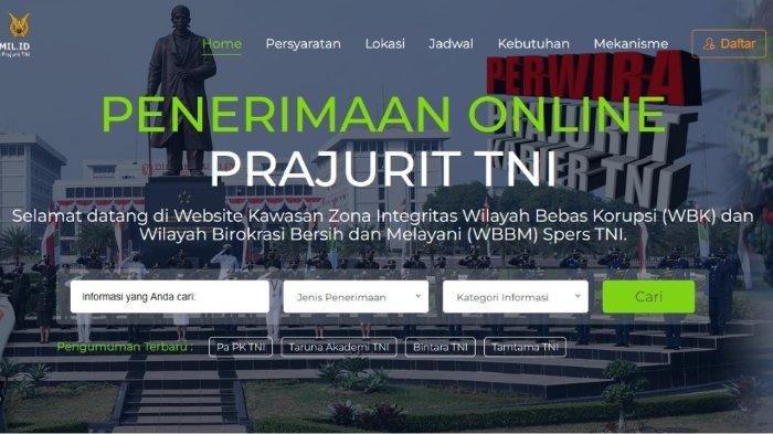Tampilan laman penerimaan prajurit TNI.