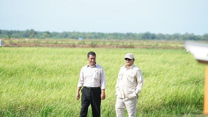 Presiden RI Prabowo Subianto didampingi Menteri Pertanian, Andi Amran Sulaiman meninjau persawahan di Kampung Telaga Sari, Kabupaten Merauke, Provinsi Papua Selatan, Minggu (3/11/2024). Kedatangan orang nomor satu di Indonesia ini untuk melihat secara langsung progres program pencetakkan lahan pertanian di Kabupaten Merauke.