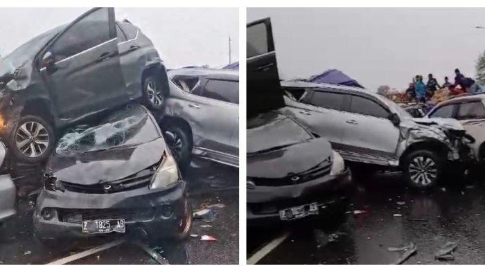 Beberapa dari belasan kecelakaan roda empat yang mengalami kecelakaan beruntun diseruduk sebuah truk semi trailer pengangkut kertas karton yang mengalami rem blong di ruas tol Cipularang Km 92 dari Bandung arah ke Jakarta, Senin sore, 11 November 2024.