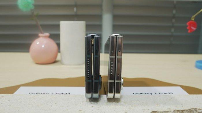 (Kiri-kanan) Perbedaan konstruksi engsel pada Galaxy Z Fold 4 dan Galaxy Z Fold 5. Mekanisme engsel yang baru membuat Galaxy Z Fold 5 dapat tertutup lebih rapat ketika dilipat(KOMPAS.com/Caroline Saskia Tanoto)