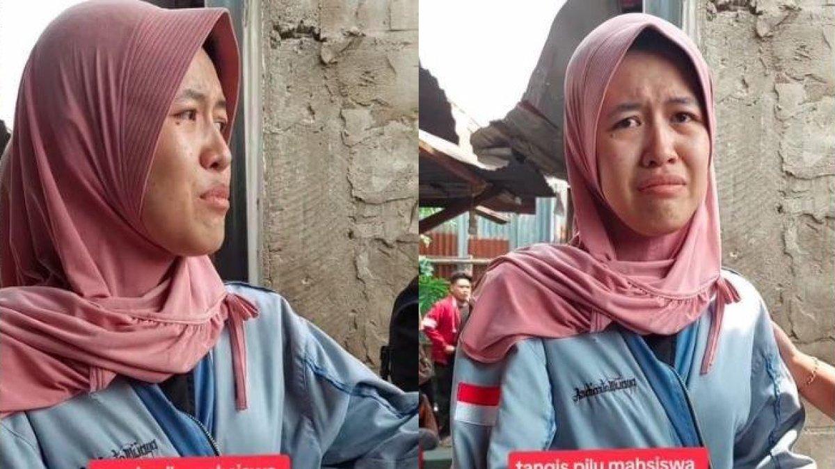 Riska, seorang mahasiswa Universitas Sriwijaya (Unsri), menangis file skripsi hangus terbakar.