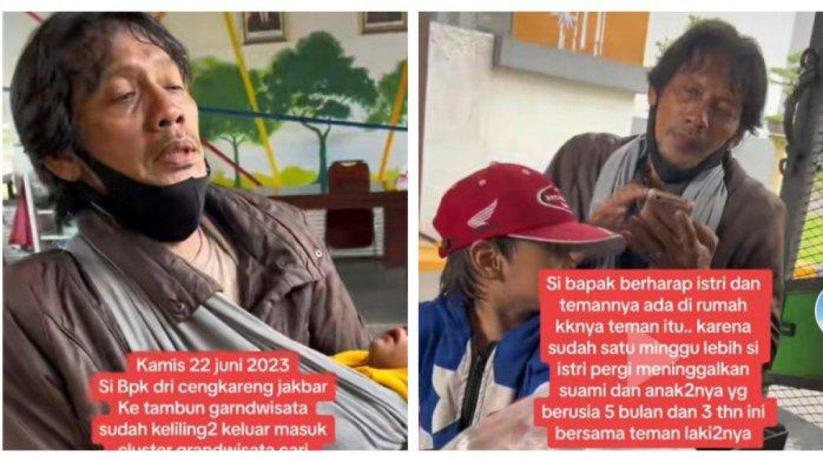 Seorang pria membawa dua anaknya mencari keberadaan sang istri bersama selingkuhanya. Ia mengendarai motor dari Cengkareng ke Tambun demi mencari sang istri pada Kamis (22/6/2023).