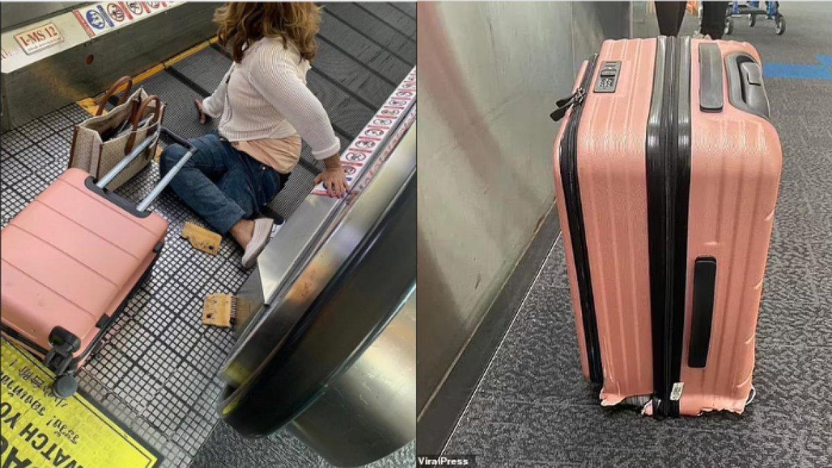 Wanita itu dilaporkan tersandung koper merah mudanya (digambarkan dengan kerusakan) sebelum jatuh ke travelator