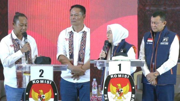 Kolase pasangan Calon Bupati dan Calon Wakil Bupati Mamuju 2024 nomor urut 2, Ado Mas'ud dan H. Damris serta pasangan Calon Bupati dan Calon Wakil Bupati Mamuju 2024 nomor urut 1, Sutinah Suhardi dan Yuki Permana, saat debat kedua di Ballroom Hotel Maleo Mamuju, Sulawesi Barat, Sabtu (9/11/2024).