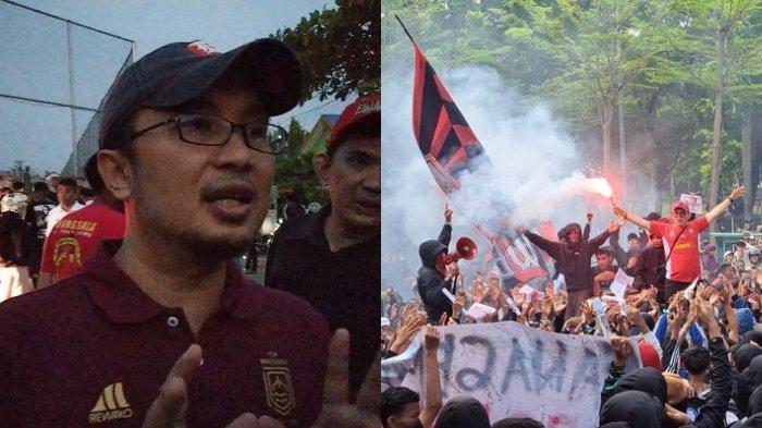 Kolase Direktur Utama PSM Makassar, Sadikin Aksa dan aksi unjuk rasa ribuan supporter PSM Makassar dari berbagai kelompok di depan Menara Bosowa di Jl Jenderal Sudirman Kecamatan Ujung Pandang, Kota Makassar, Sulawesi Selatan (Sulsel), Senin (18/12/2023).