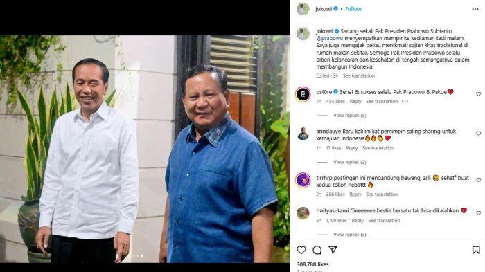 Unggahan mantan Presiden RI Joko Widodo menunjukkan momen saat dikunjungi Presiden RI Prabowo Subianto ke kediamannya di Solo, Jawa Tengah, Minggu (3/11/2024).