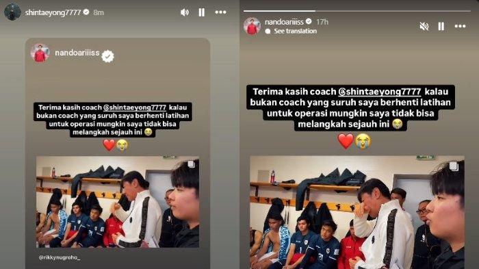 Kolase unggahan mantan pelatih Timnas Indonesia Shin Tae-yong yang membagikan postingan kiper Ernado Ari, Selasa (7/1/2025).