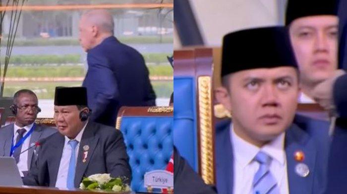 Kolase Presiden Turki Recep Tayyib Erdogan (kiri) yang keluar ruangan saat Presiden Prabowo Subianto berpidato di KTT D8, Kairo, Mesir dan reaksi Mayor Teddy Indra Wijaya, Kamis (19/12/2024).