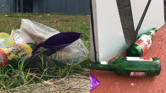 Sampah dan bekas minuman beralkohol hiassi halaman Tower Manakarra Mamuju, Jl Ahmad Yani Kelurahan Binanga Mamuju, Sulawesi Barat (Sulbar). Selasa (22/7/2024) pagi