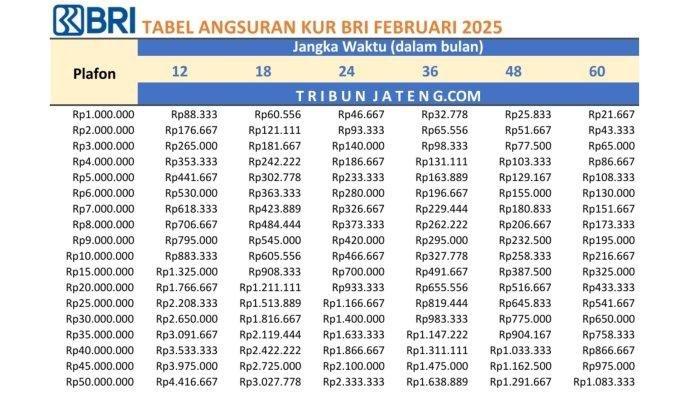 TABEL KUR BRI - Tabel pinjaman KUR BRI 2025 Rp 1 Juta - Rp 50 Juta periode Februari 2025.