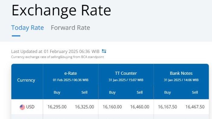 NILAI TUKAR DOLAR - Tangkapan layar nilai tukar mata uang Dolar ke Rupiah yang dirilis BCA, diperbarui Sabtu (1/2/2025) pukul 06.36 WIB.