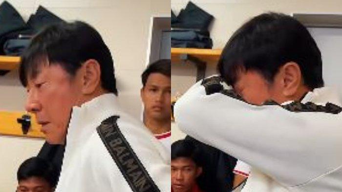 Kolase potret Shin Tae-yong yang menangis di ruang ganti Timnas Indonesia, dibagikan Senin (6/1/2025).
