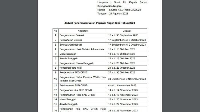 Badan Kepegawaian Negara (BKN) resmi mengumumkan jadwal pendaftaran Calon Pegawai Negeri Sipil atau CPNS 2023. Jadwal seleksi dan penerimaan mulai 17 September 2023 mendatang tersebut juga untuk Pegawai Pemerintah dengan Perjanjian Kerja atau PPPK 2023.