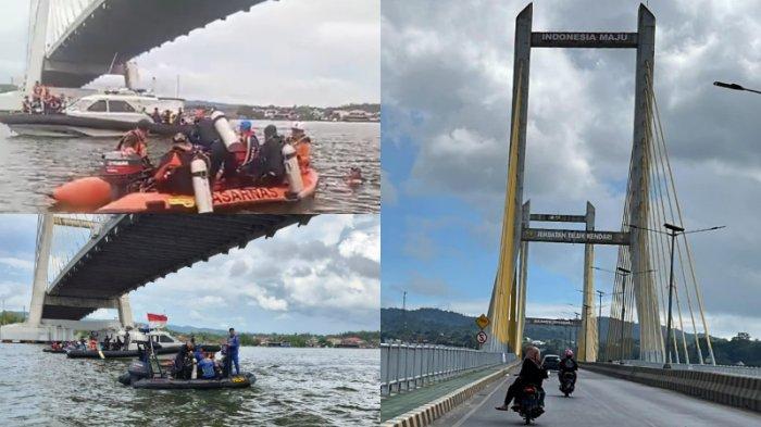 JEMBATAN TELUK KENDARI - Kolase foto arsip Jembatan Teluk Kendari atau Jembatan Bahteramas, Kota Kendari, Sulawesi Tenggara (Sultra), belum lama ini. Suasana pencarian mahasiswa berprestasi AGL (22) pada Senin (02/06/2025) yang melakukan aksi nekat dari jembatan ini pada Minggu (01/06/2025) malam, serta proses pencarian korban EG (23) yang melakukan aksi serupa pada 26 Mei 2025 lalu.