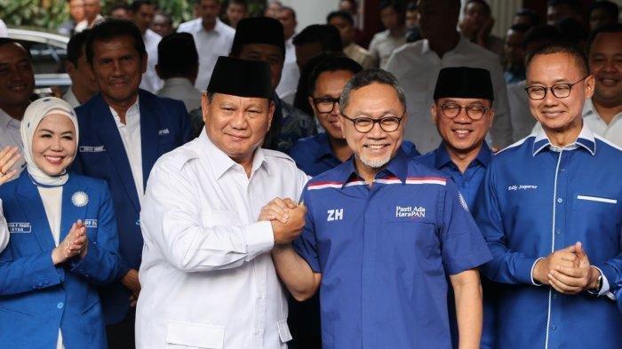 Prabowo Subianto, Ketua Umum Partai Amanat Nasional (PAN) Zulkifli Hasan, dan kader PAN Eko Patrio yang kini masuk bursa calon menteri Prabowo.