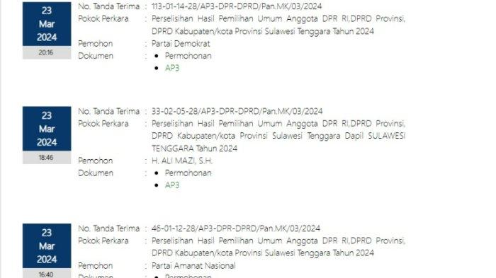 Daftar gugatan hasil Pemilu 2024 Sulawesi Tenggara (Sultra) di Mahkamah Konstitusi (MK), mulai mantan Gubernur Sultra Ali Mazi dari Partai Nasdem. Gugatan Pemilihan Umum (Pemilu) 2024 tersebut juga diajukan Partai Demokrasi Indonesia Perjuangan atau PDIP, Partai Amanat Nasional atau PAN, serta pemohon Aliadi dari Partai Hanura.