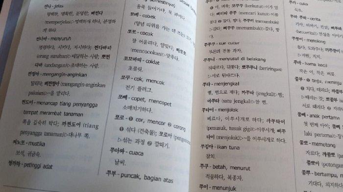 La Ali, salah satu penggagas penggunaan Aksara Korea dalam Bahasa Cia-cia memperlihatkan Kamus Cia-cia Laporo - Indonesia - Korea.