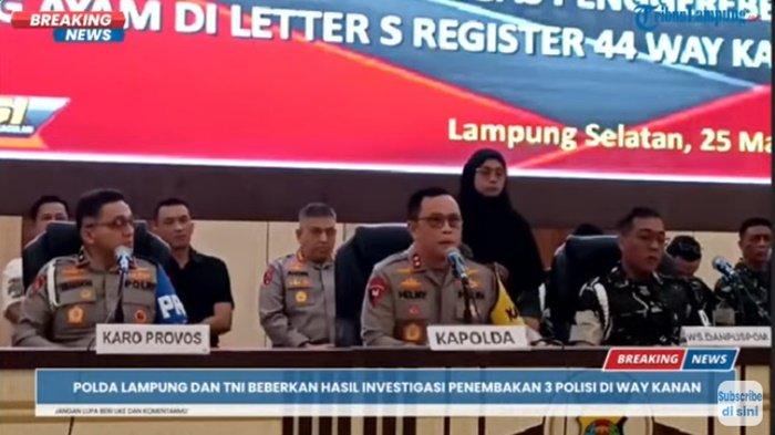 POLISI LAMPUNG DITEMBAK -- Kapolda Lampung, Irjen Helmy Sandika saat konferensi pers untuk mengumumkan update terkait kasus penembakan yang menewaskan tiga anggota Polsek Negara Batin saat melakukan penggerebekan judi ayam di Way Kanan, Selasa (25/3/2025). Seorang anggota Polda Sumsel berinisial K ditetapkan sebagai tersangka.