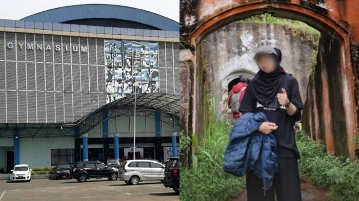 (kiri) Gedung Gymnasium UPI, Bandung. (kanan) Ajeng semasa hidup, Ajeng dengan kondisi badan luka dan hidung bersimbah darah saat pertama kali ditemukan di Gedung Gymnasium UPI, Bandung Kamis, 26 Desember 2024.