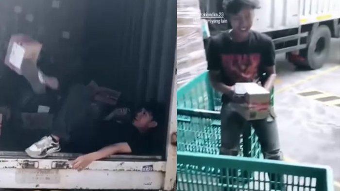 Aksi pegawai ekspedisi yang lempar dan tendang paket ke dalam truk.