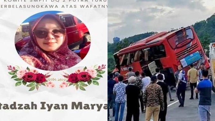 (kiri) Iyan Maryanah, guru sekaligus perawat klinik SMP IT Darul Quran Mulia Gunung Putri yang tewas dalam kecelakaan di tol Malang. Alkoni (31) suami dan dua anak Iyan Maryanah, yang ikut dalam bus tersebut dikabarkan koma di rumah sakit, sang istri tewas dalam kecelakaan di tol