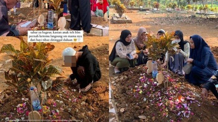 Anak Dini Sera tertunduk dimakam sang ibu